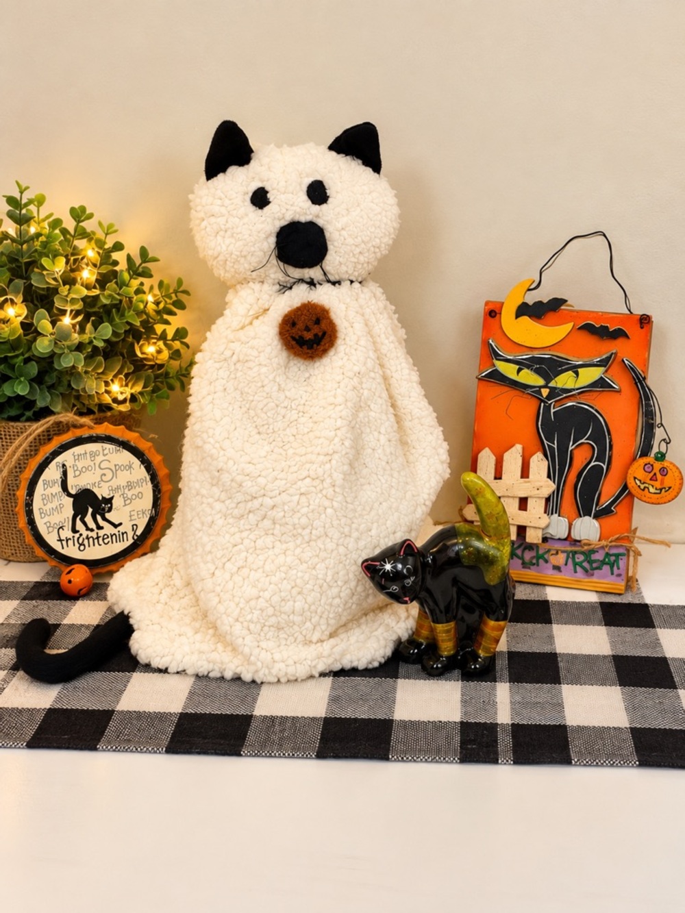 Halloween Cat Set - Plush Sherpa Ghost Cat Pillow, 2 Wall Hangings, Statue